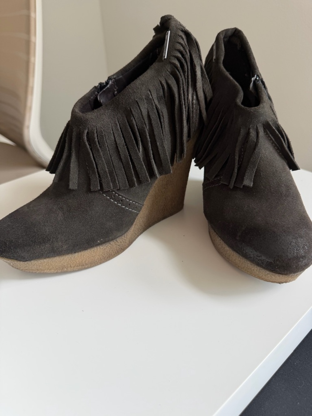 Diesel Fringe Suede Gum Wedge Booties in Charcoal Black